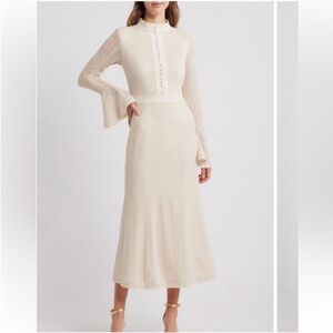 elliatt kailee ivory lacy pattern mock neck bell sleeve midi dress size large